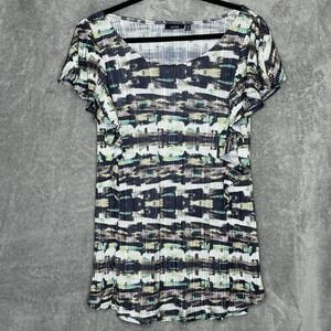 Apt 9 1X Top Shirt Navy Blue Green Abstract Cap Short Sleeve Scoop Neck Ruffle